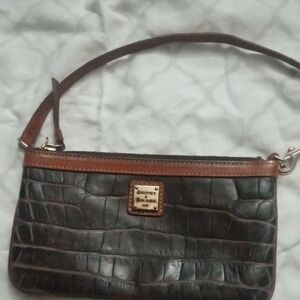 Dooney & Bourke Dark Brown Croc-Embossed Leather Wristlet with Tan Trim